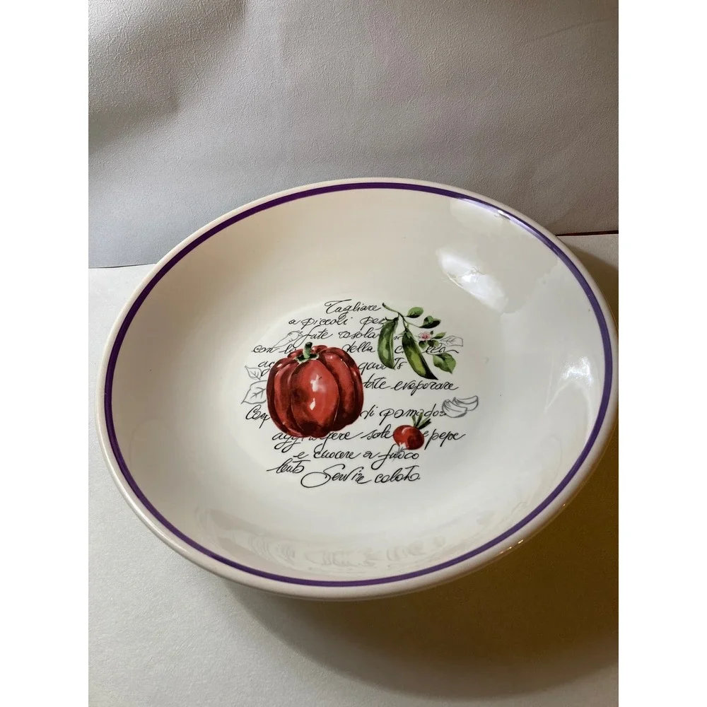 Italian Vegetable Ceramic Pasta Serving Bowl Red Pepper Purple Rim 13 Inch
